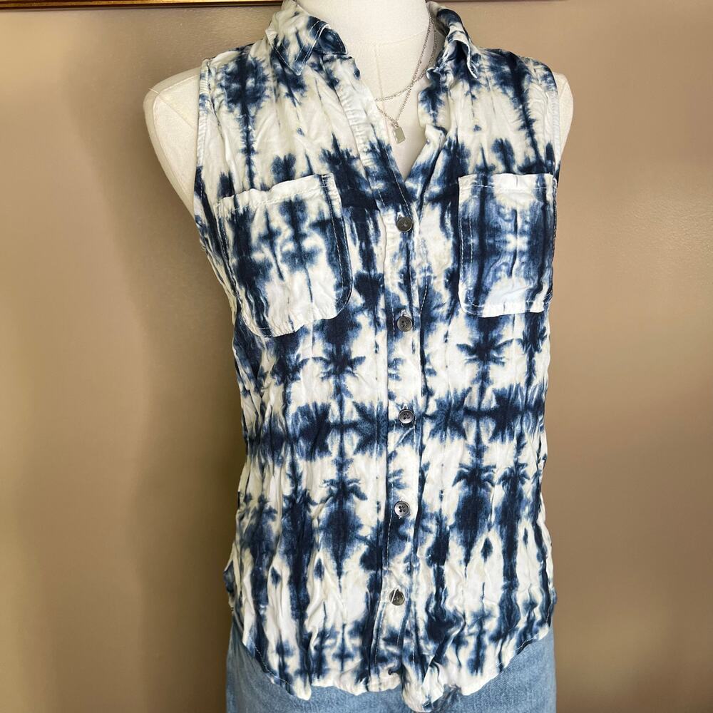Rock & Republic Tie Dye Sleeveless Top Blue Rayon XS Boho